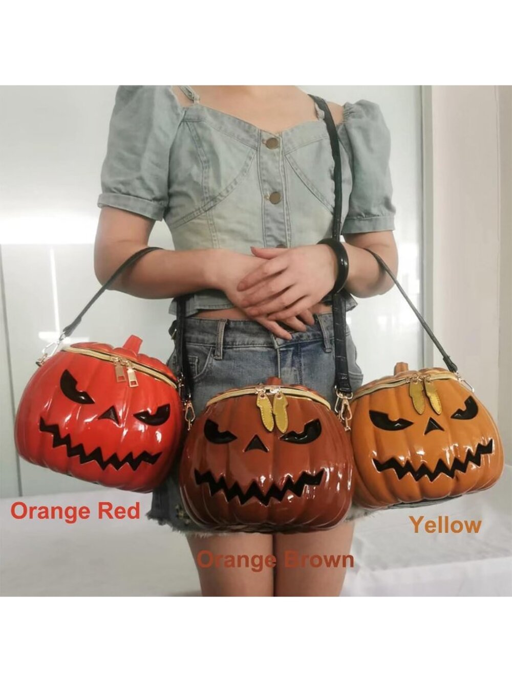 Women Yellow Halloween Pumpkin Purse Gothic Vegan Pvc Novelty Crossbody Bag - Picture 6 of 6